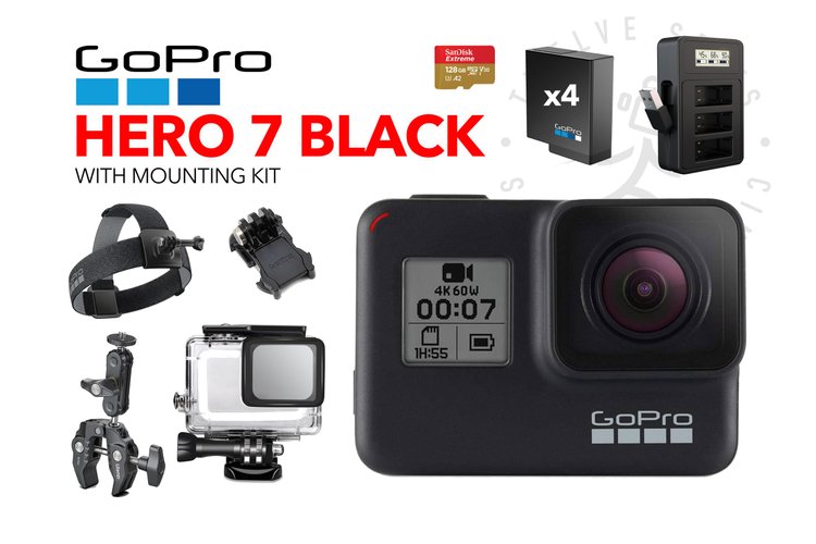 GoPro Hero 7 Black | 128gb microSD | 4x batteries | Mounting kit